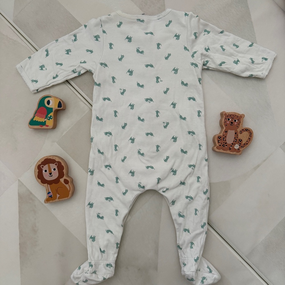 Petit Bateau Bodypyjama Cotton Baby Pyjama Footie 9M - Green Cat Print - Picture 10 of 11